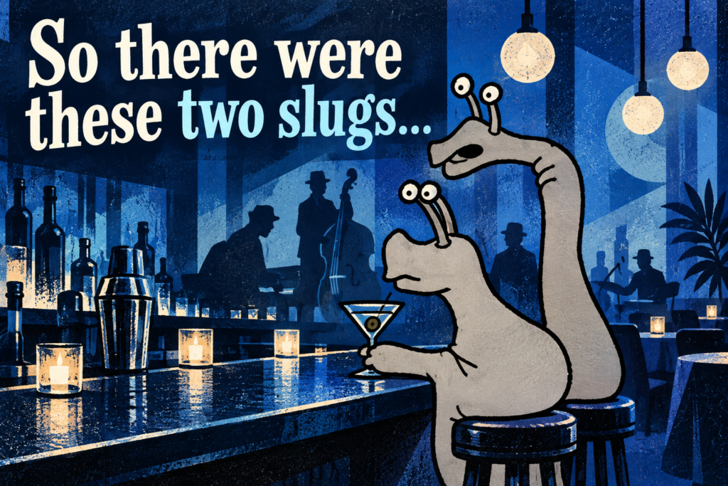 A cartoon of two slugs at a bar
